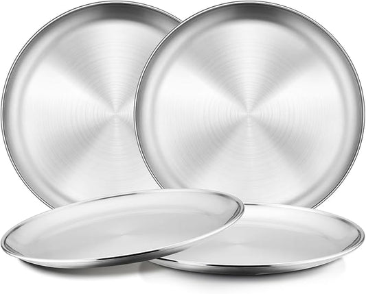 Onader 4-Piece Stainless Steel Plates, 8 Inch 304(18/8) Metal Round Dinner Plate, Kids Toddlers Dishes for Serving, Dishwasher Safe