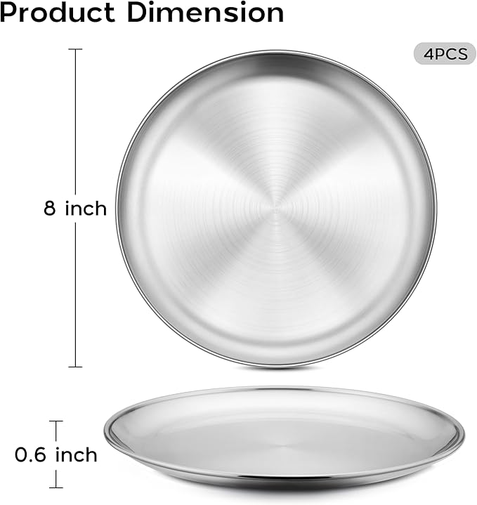 Onader 4-Piece Stainless Steel Plates, 8 Inch 304(18/8) Metal Round Dinner Plate, Kids Toddlers Dishes for Serving, Dishwasher Safe