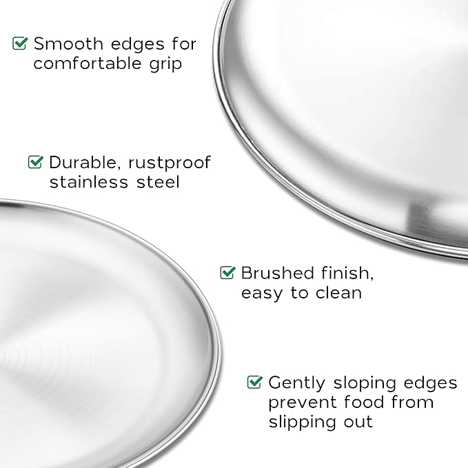 Onader 4-Piece Stainless Steel Plates, 8 Inch 304(18/8) Metal Round Dinner Plate, Kids Toddlers Dishes for Serving, Dishwasher Safe