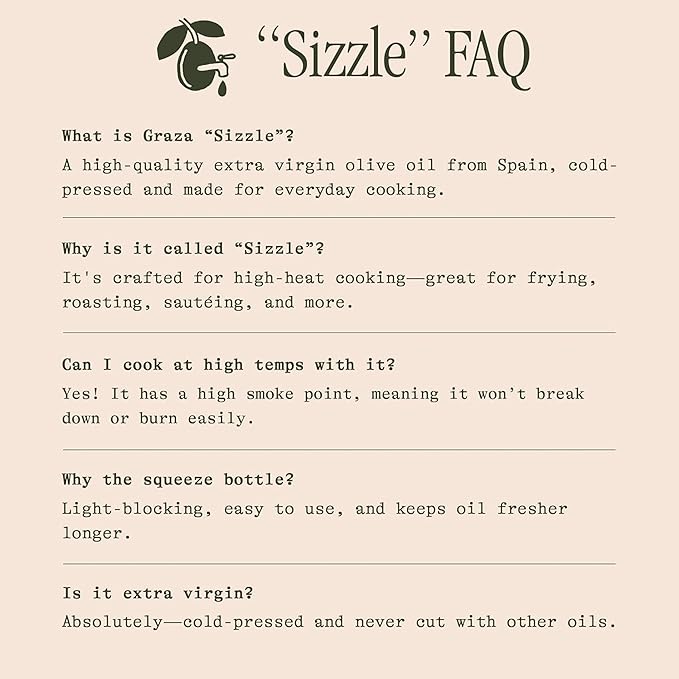 Graza Sizzle Extra Virgin Olive Oil, Cooking Oil - High Polyphenol Peak Harvest EVOO Cooking Oil in a Squeeze Bottle - Single Origin Olive Oils from Spain - 25.3 Fl Oz (750ml) – Festa Pizza Co.
