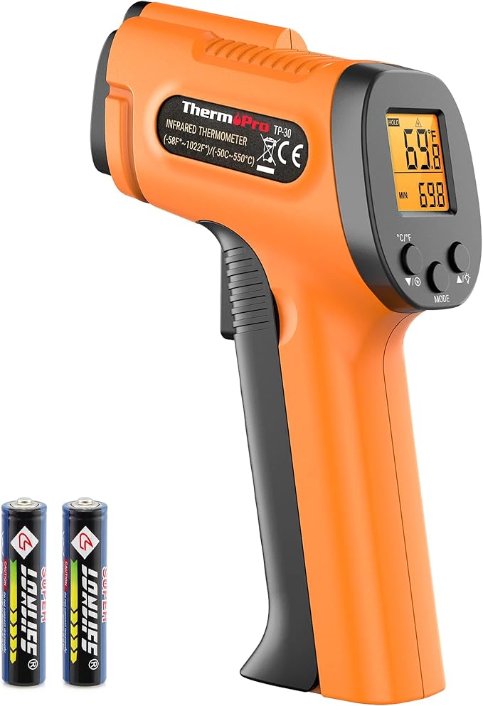 ThermoPro TP30 Infrared Thermometer Gun, Laser Thermometer for Cooking, Pizza Oven, Griddle, Engine, HVAC, Laser Temperature Gun with Adjustable Emissivity & Max Measure -58°F ~1022°F (Not for Human)