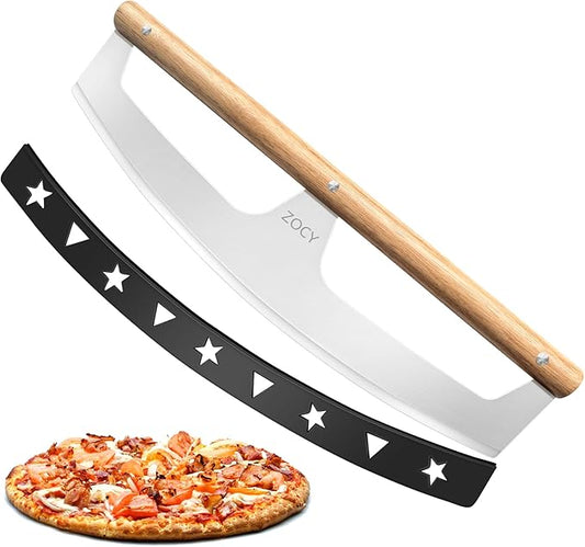 Pizza Cutter Rocker with Wooden Handles & Protective Cover by Zocy, 16" Sharp Stainless Steel Pizza Slicer Wheel, Big Pizza Knife Cutters for Kitchen Tool (16inch)