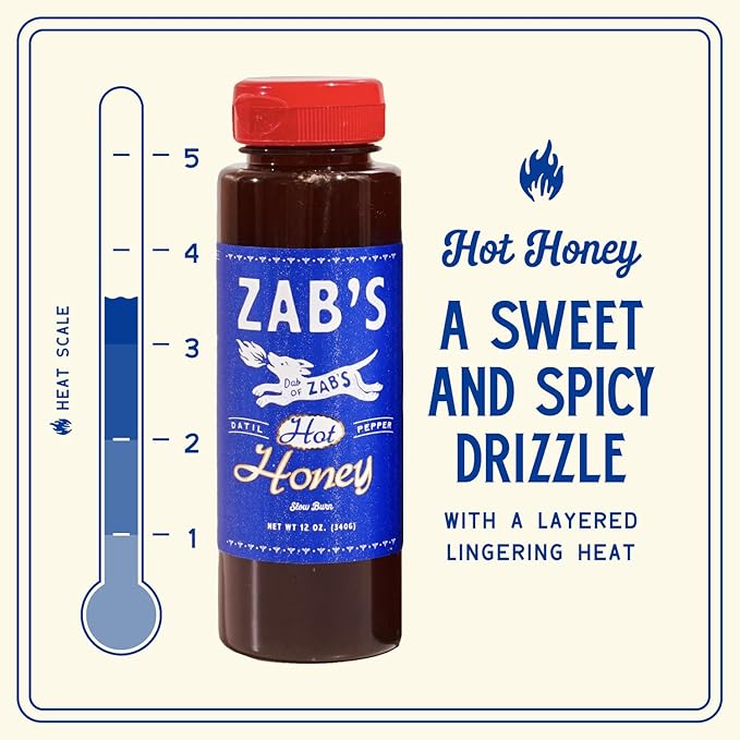 Hot Honey by Zab's (1 Pack, 12 Fl. Oz) | Signature Slow Burn from Rare Datil Peppers with Floral Wildflower Honey | Vegetarian