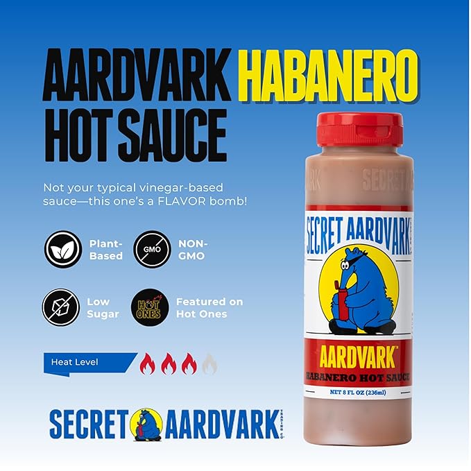 Secret Aardvark Habanero Hot Sauce - Habanero Peppers & Roasted Tomatoes, Medium Spiced Hot Sauce, BBQ Sauce, Non-GMO, Low Sugar, Low Carb, Hot Sauce & Marinade - 8 fl oz 1 Pack