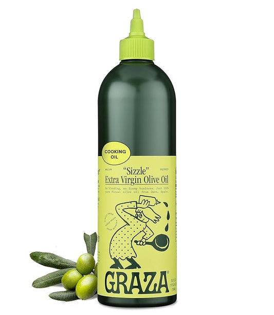 Graza Sizzle Extra Virgin Olive Oil, Cooking Oil - High Polyphenol Peak Harvest EVOO Cooking Oil in a Squeeze Bottle - Single Origin Olive Oils from Spain - 25.3 Fl Oz (750ml) – Festa Pizza Co.