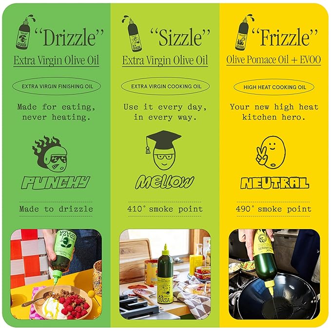 Graza Sizzle Extra Virgin Olive Oil, Cooking Oil - High Polyphenol Peak Harvest EVOO Cooking Oil in a Squeeze Bottle - Single Origin Olive Oils from Spain - 25.3 Fl Oz (750ml) – Festa Pizza Co.