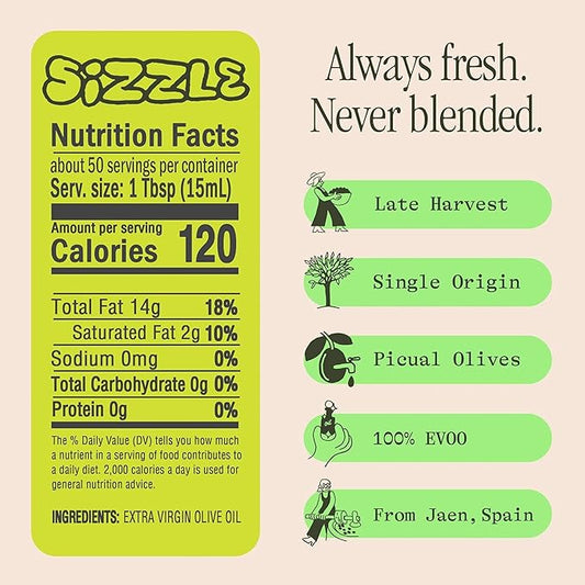 Graza Sizzle Extra Virgin Olive Oil, Cooking Oil - High Polyphenol Peak Harvest EVOO Cooking Oil in a Squeeze Bottle - Single Origin Olive Oils from Spain - 25.3 Fl Oz (750ml) – Festa Pizza Co.