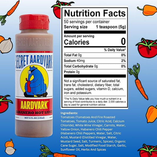 Secret Aardvark Habanero Hot Sauce - Habanero Peppers & Roasted Tomatoes, Medium Spiced Hot Sauce, BBQ Sauce, Non-GMO, Low Sugar, Low Carb, Hot Sauce & Marinade - 8 fl oz 1 Pack