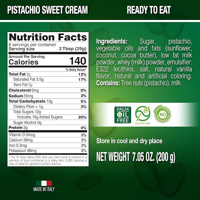 SICANIA - Premium Pistachio Cream, 7.05 oz (200g) - Authentic Italian, Gluten-Free, Non-GMO - Gourmet Spread for Desserts, Pastries, Dubai Pistachio Chocolate Bar & More