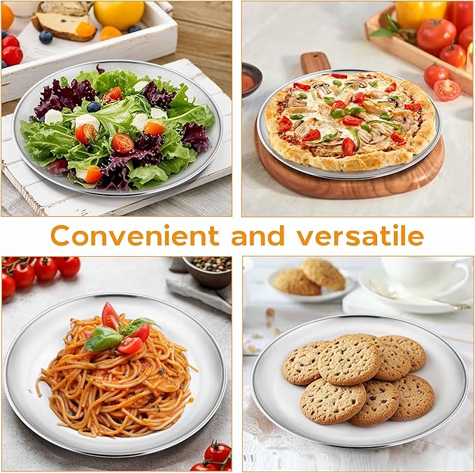 Onader 4-Piece Stainless Steel Plates, 8 Inch 304(18/8) Metal Round Dinner Plate, Kids Toddlers Dishes for Serving, Dishwasher Safe