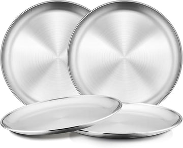 Onader 4-Piece Stainless Steel Plates, 8 Inch 304(18/8) Metal Round Dinner Plate, Kids Toddlers Dishes for Serving, Dishwasher Safe