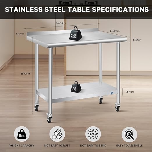 Stainless Steel Table with Wheels, 24 x 36 Inch, Commercial Prep Table, NSF Stainless Steel Metal Table for Home, Kitchen, Restaurant, Outdoor |  – Festa Pizza Co.