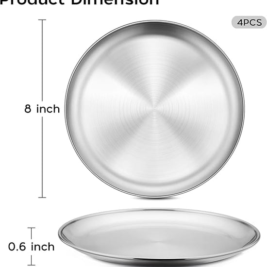 Onader 4-Piece Stainless Steel Plates, 8 Inch 304(18/8) Metal Round Dinner Plate, Kids Toddlers Dishes for Serving, Dishwasher Safe