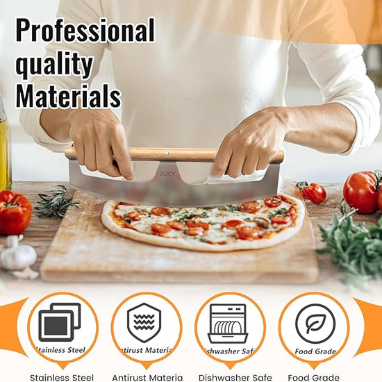Pizza Cutter Rocker with Wooden Handles & Protective Cover by Zocy, 16" Sharp Stainless Steel Pizza Slicer Wheel, Big Pizza Knife Cutters for Kitchen Tool (16inch)