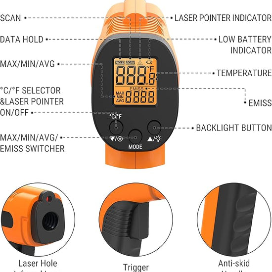 ThermoPro TP30 Infrared Thermometer Gun, Laser Thermometer for Cooking, Pizza Oven, Griddle, Engine, HVAC, Laser Temperature Gun with Adjustable Emissivity & Max Measure -58°F ~1022°F (Not for Human)