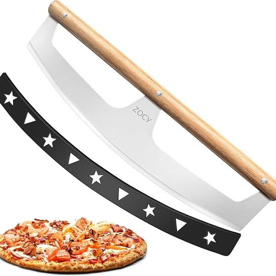 Pizza Cutter Rocker with Wooden Handles & Protective Cover by Zocy, 16" Sharp Stainless Steel Pizza Slicer Wheel, Big Pizza Knife Cutters for Kitchen Tool (16inch)
