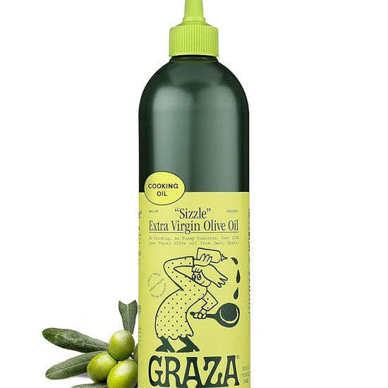 Graza Sizzle Extra Virgin Olive Oil, Cooking Oil - High Polyphenol Peak Harvest EVOO Cooking Oil in a Squeeze Bottle - Single Origin Olive Oils from Spain - 25.3 Fl Oz (750ml) – Festa Pizza Co.